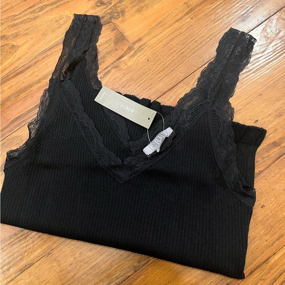 JCrew Lace-Trim Ribbed Y2K Tank Top Bottom Ruffles Black‎ Classic size M - Picture 2 of 16